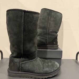 Ugg Womens Size 6 Black Leather Sheepskin Classic Tall 5815 Roll Down‎ Boots